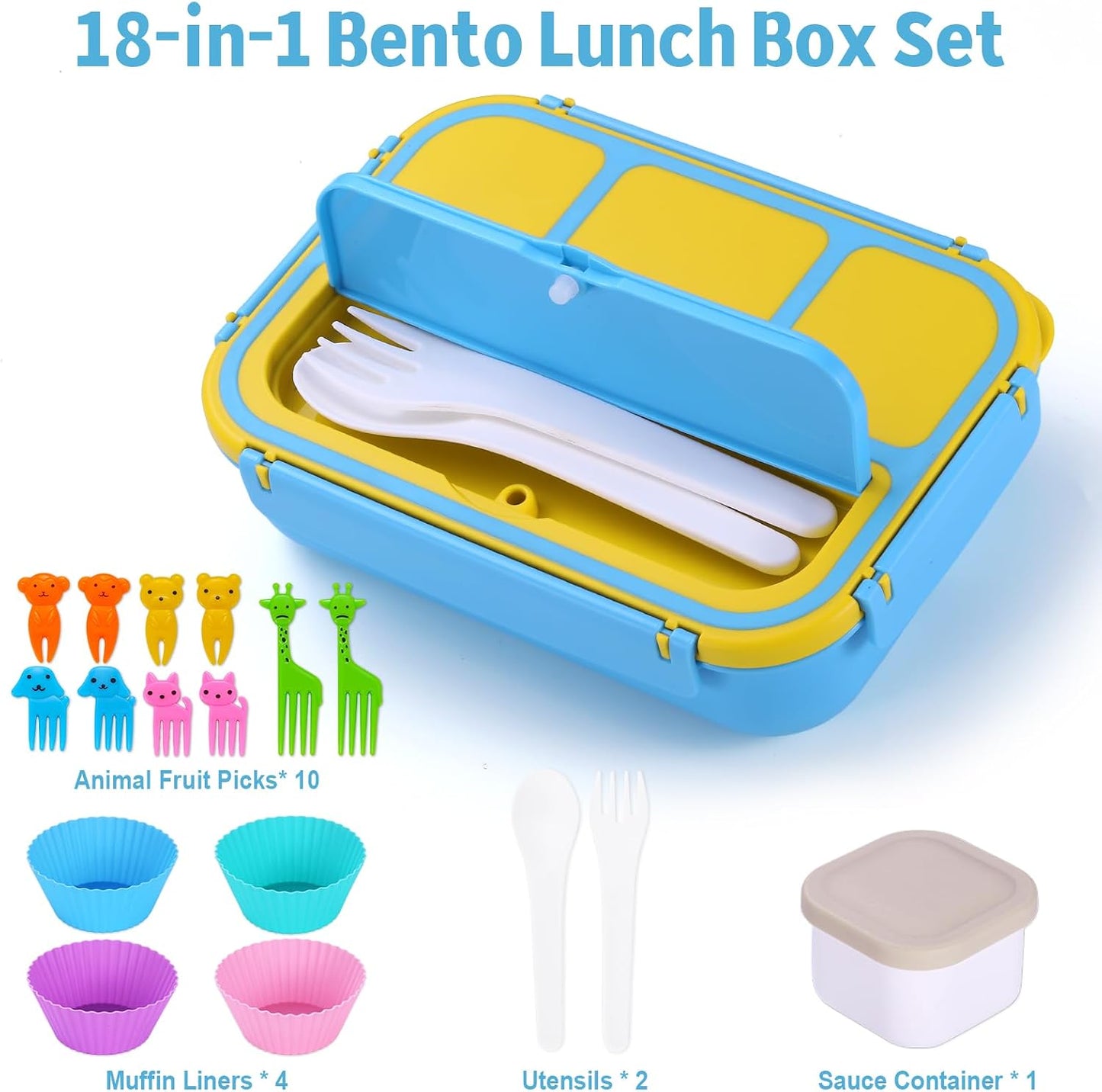 Bento Box Adult Lunch Box, Lunch Containers for Kids Girls Boys with 4 Compartments, Lunchable Food Container with Utensils, Sauce Jar, Muffin Liners, 40 Oz/5 Cup, Microwave Safe, Lavender