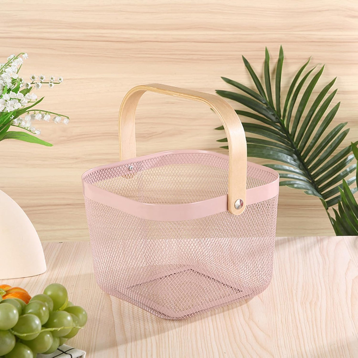 AJIODA Metal Mesh Wire Basket, Large Steel Basket with Wooden Handle Storage Organizer Basket Multi-functional Hanging Kitchen Baskets Fruit Baskets for Kitchen Bathroom Cabinet Pantry Snacks, Black