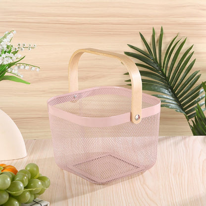 AJIODA Metal Mesh Wire Basket, Large Steel Basket with Wooden Handle Storage Organizer Basket Multi-functional Hanging Kitchen Baskets Fruit Baskets for Kitchen Bathroom Cabinet Pantry Snacks, Black