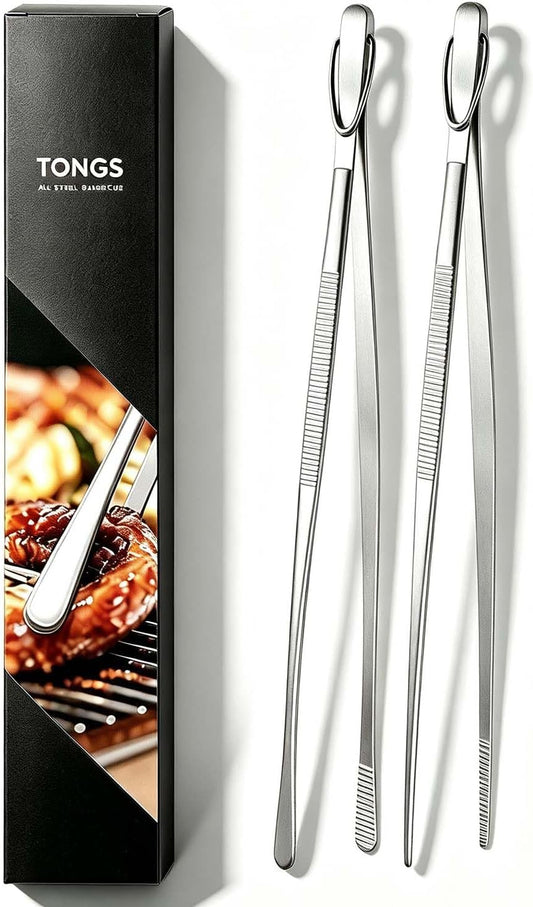Kitchen Tongs, 12‑Inch Stainless Steel Tweezer Tongs for Cooking BBQ