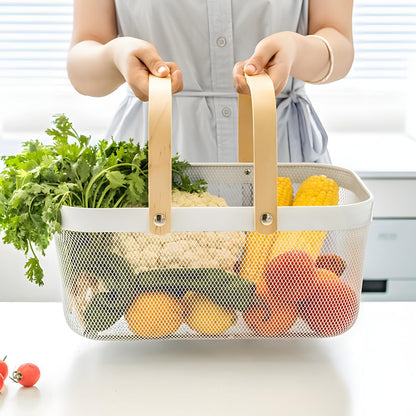 Portable Mesh Harvest Basket - Natural Bamboo Handle Foldable Organizer for Kitchen, Garden & Picnic | Ventilated Storage Bin with Rust-Proof Wire, Space-Saving Farmhouse Decor (Pink)