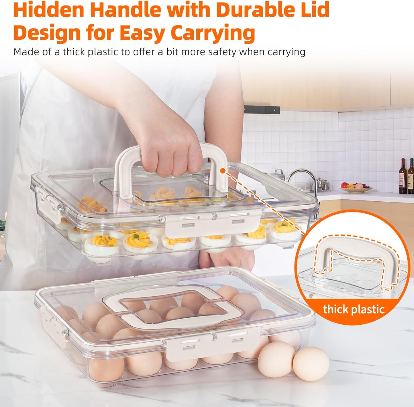 MesRosa 2 Pack Deviled Egg Containers with Lid and Handle, Durable Clear Plastic Deviled Egg Carrier Storage 48 Eggs, Stackable Egg Holder for Fridge, Portable Tray Platter for Party & Picnics-White