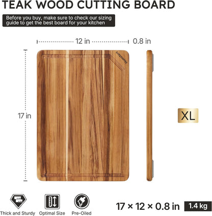 3 Pack Teak Wood Cutting Board Set for Kitchen Charcuterie Board Serving Heavy Duty Non Toxic Slip Hardwood Over Sink Solid Thick Haus Wooden Chopping Board Large Big Small Meat Best Essential Gift