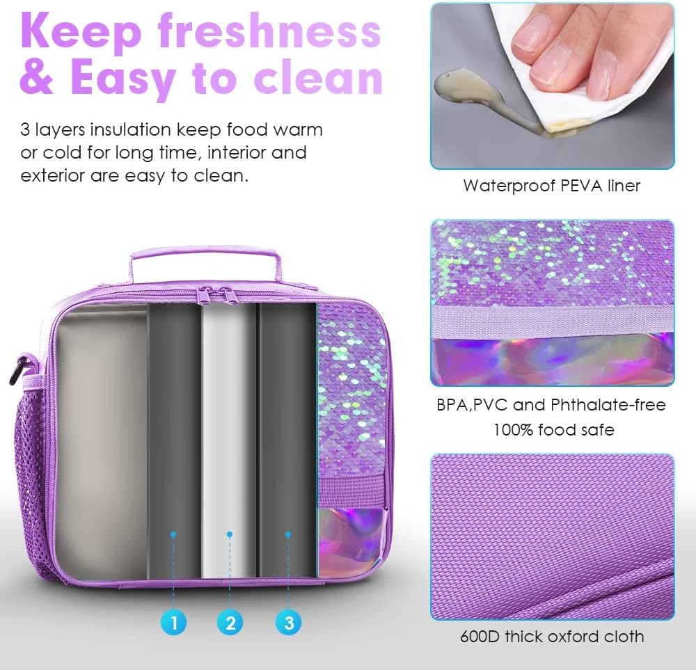 Cerbonny Kids Lunch Box, Insulated Lunch Bag for Girls and Boys, Durable Polyester with PEVA Lining, Adjustable Shoulder Strap, 10.8"L x 4"W x 8.8"H, 5 Pockets