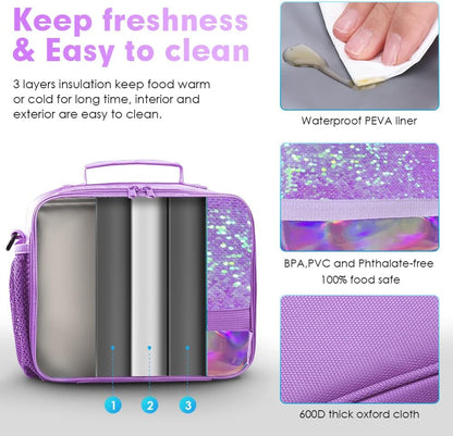 Cerbonny Kids Lunch Box, Insulated Lunch Bag for Girls and Boys, Durable Polyester with PEVA Lining, Adjustable Shoulder Strap, 10.8"L x 4"W x 8.8"H, 5 Pockets