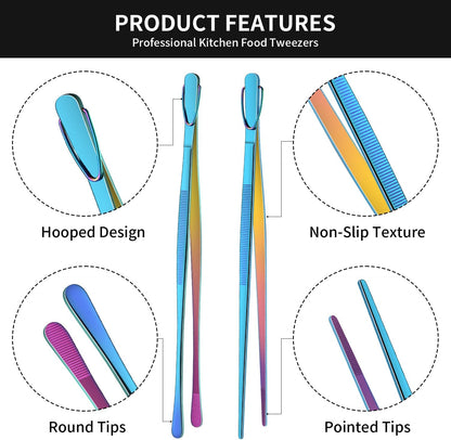 DEHOV 12 Inch Gold Stainless Steel Kitchen Tweezers For Cooking Tongs Set of 2, Metal Long Food Tweezers, BBQ Grill Tongs For Pasta