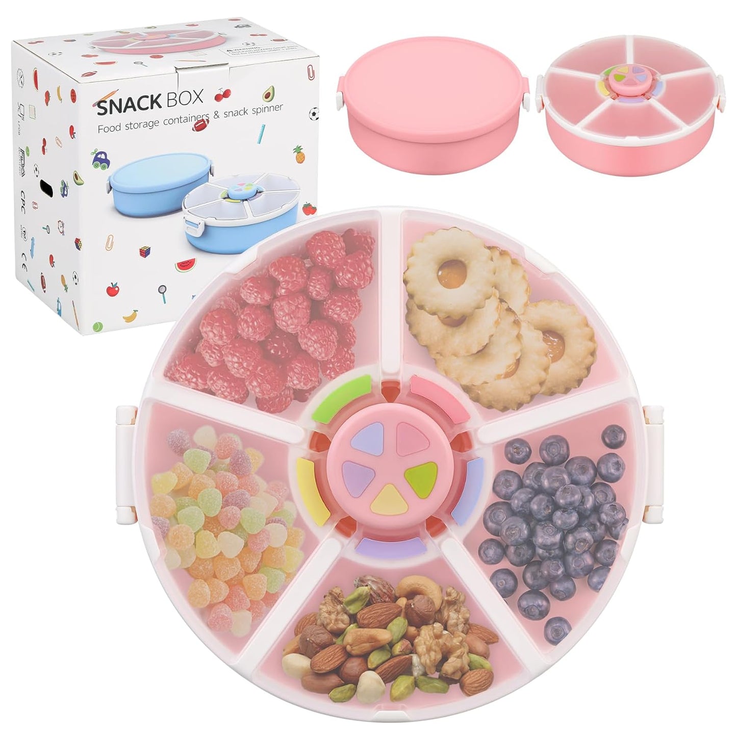 Pawtong Snack Rotator Container Reusable Snack Box with 5 Compartment Dispenser and Lid, Color Matching Opening Lid, BPA and PVC Free, for Home, School, Travel (1 Pack- Pink)
