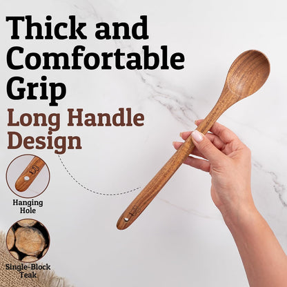 PriorityChef Wooden Slotted Spoon - Premium Teak Cooking Utensil for Frying, Straining & Serving - Long Handle Kitchen Spoon for Nonstick Cookware - Handcrafted Durable Wood