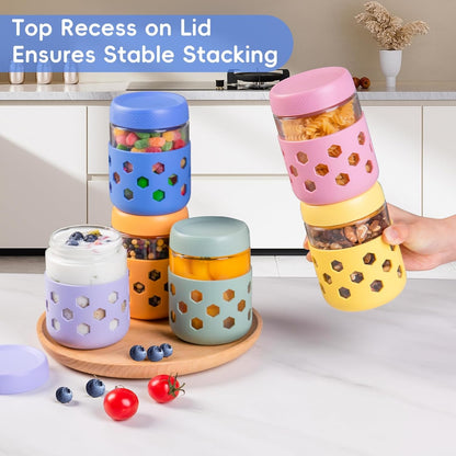 Gemice 6-Pack 10oz Glass Mason Jars with Silicone Sleeves, Airtight BPA-Free Overnight Oats Containers with Lids, Dishwasher Safe Leak-Proof Meal Prep Jars for Chia Pudding, Yogurt, Snacks