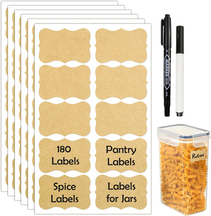 JIEHENG 180Pcs Chalkboard Labels for Jars,Removable Stickers with 1 Liquid Chalk Markers(Black, Wavy)