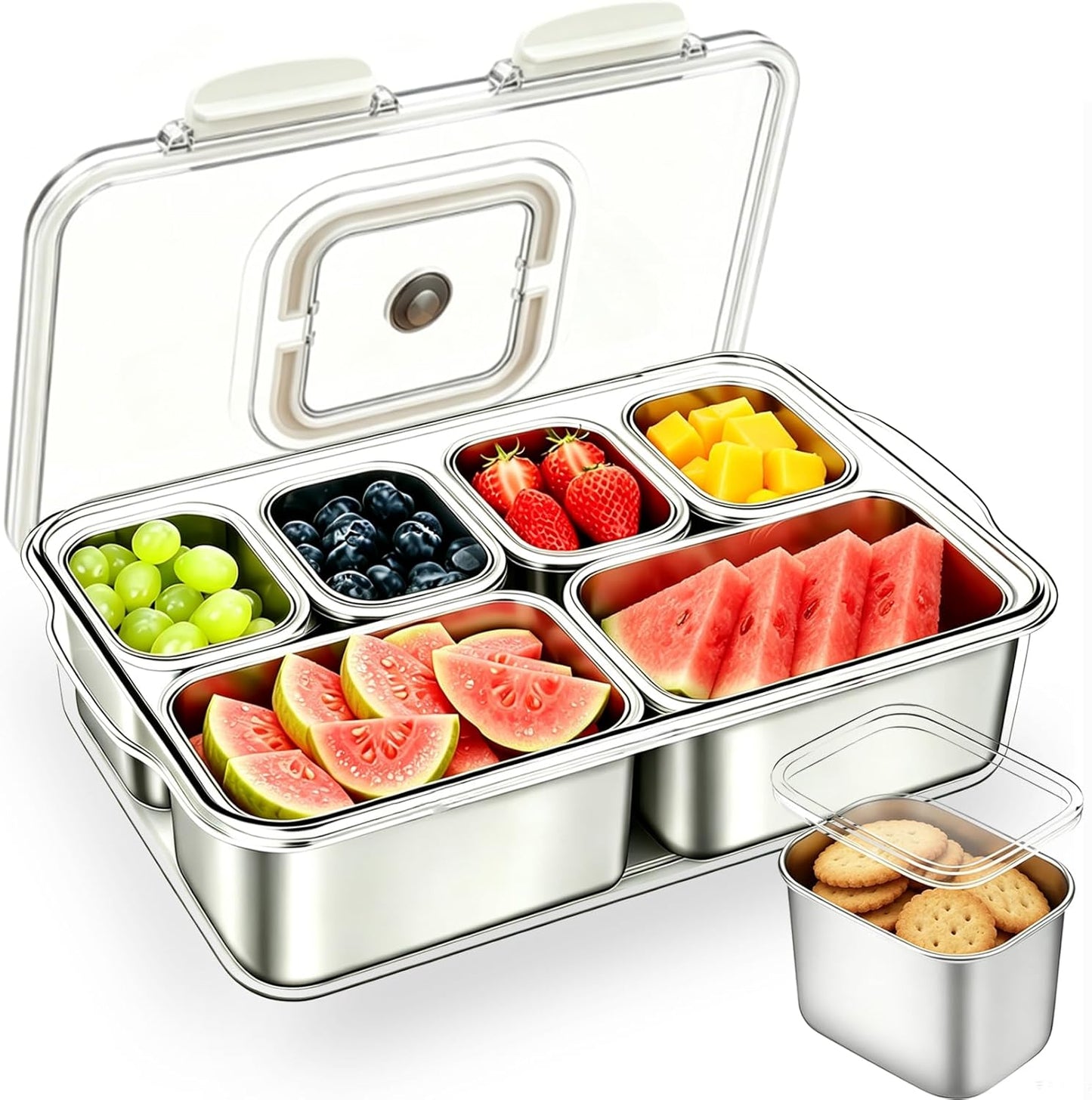 Snackle Box Container, Stainless Steel Divided Serving Tray with Lid and Handle, Large Snack Tray for Fruit Veggie Candy, 8-Compartment Snack Platter for Travel Party Beach Picnic