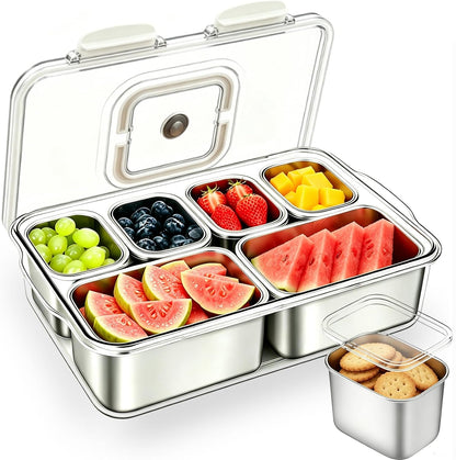 Snackle Box Container, Stainless Steel Divided Serving Tray with Lid and Handle, Large Snack Tray for Fruit Veggie Candy, 8-Compartment Snack Platter for Travel Party Beach Picnic