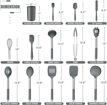 E-far 14 Pieces Silicone Cooking Utensils Set, Kitchen Utensils Set with Holder, Spatula, Ladle, Spoon, Tong, Slotted Turner for Nonstick Cookware, Heat Resistant & Stainless Steel Handle, Black