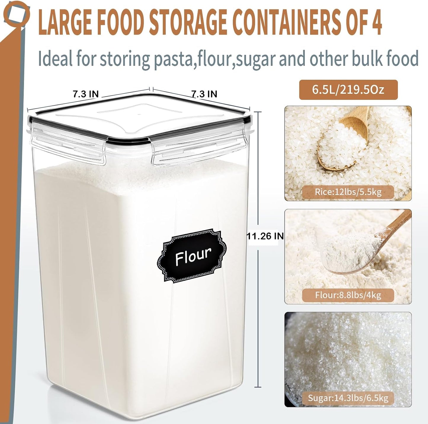PRAKI Large Airtight Food Storage Containers 5.2L / 195oz, 4pcs Pantry Kitchen Organizers and Storage for Flour, Sugar, Baking Supplies, BPA Free, Plastic Flour Containers with 20 Labels & Maker