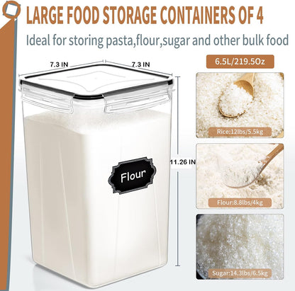 PRAKI Large Airtight Food Storage Containers 5.2L / 195oz, 4pcs Pantry Kitchen Organizers and Storage for Flour, Sugar, Baking Supplies, BPA Free, Plastic Flour Containers with 20 Labels & Maker