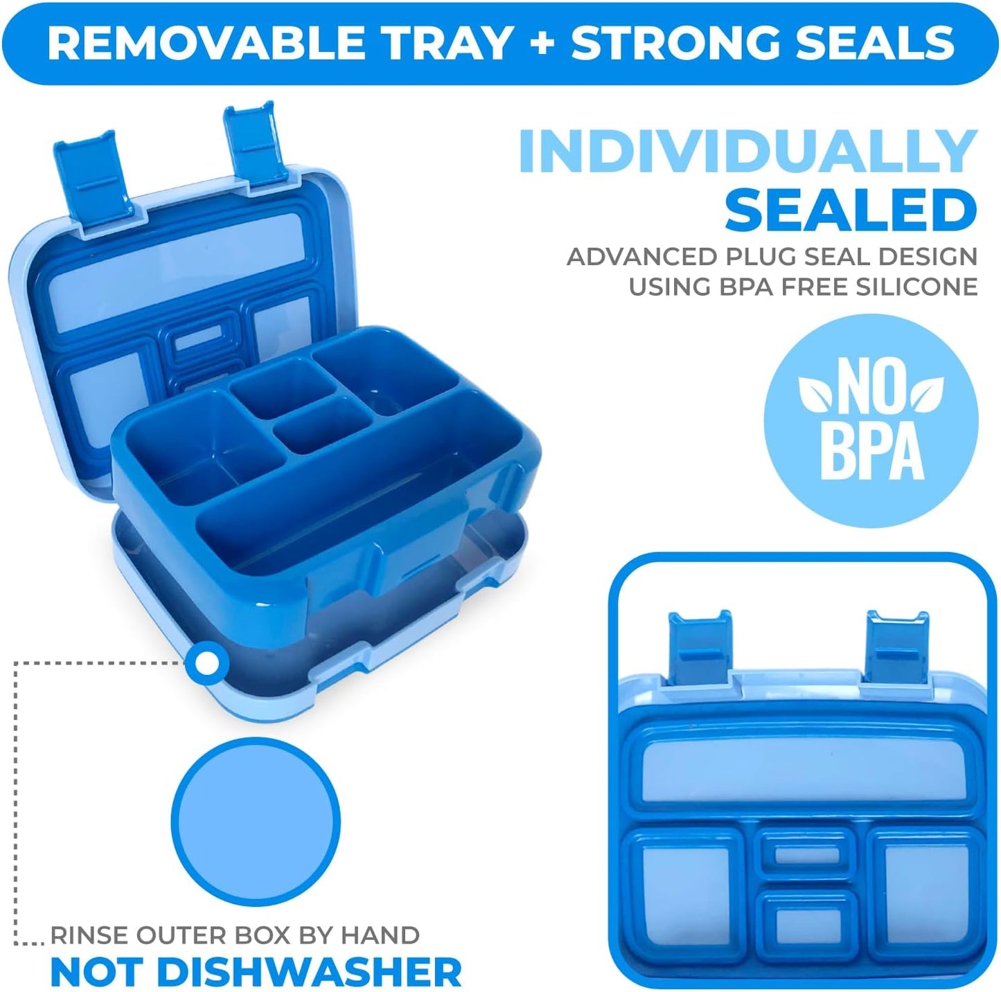 Kinsho Bento Lunch Box for Kids Toddlers, 5 Portion Control Sections, BPA Free Removable Plastic Tray, Pre-School Kid Toddler Daycare Lunches, Snack Container Ages 3 to 7 (Blue Space Rockets)