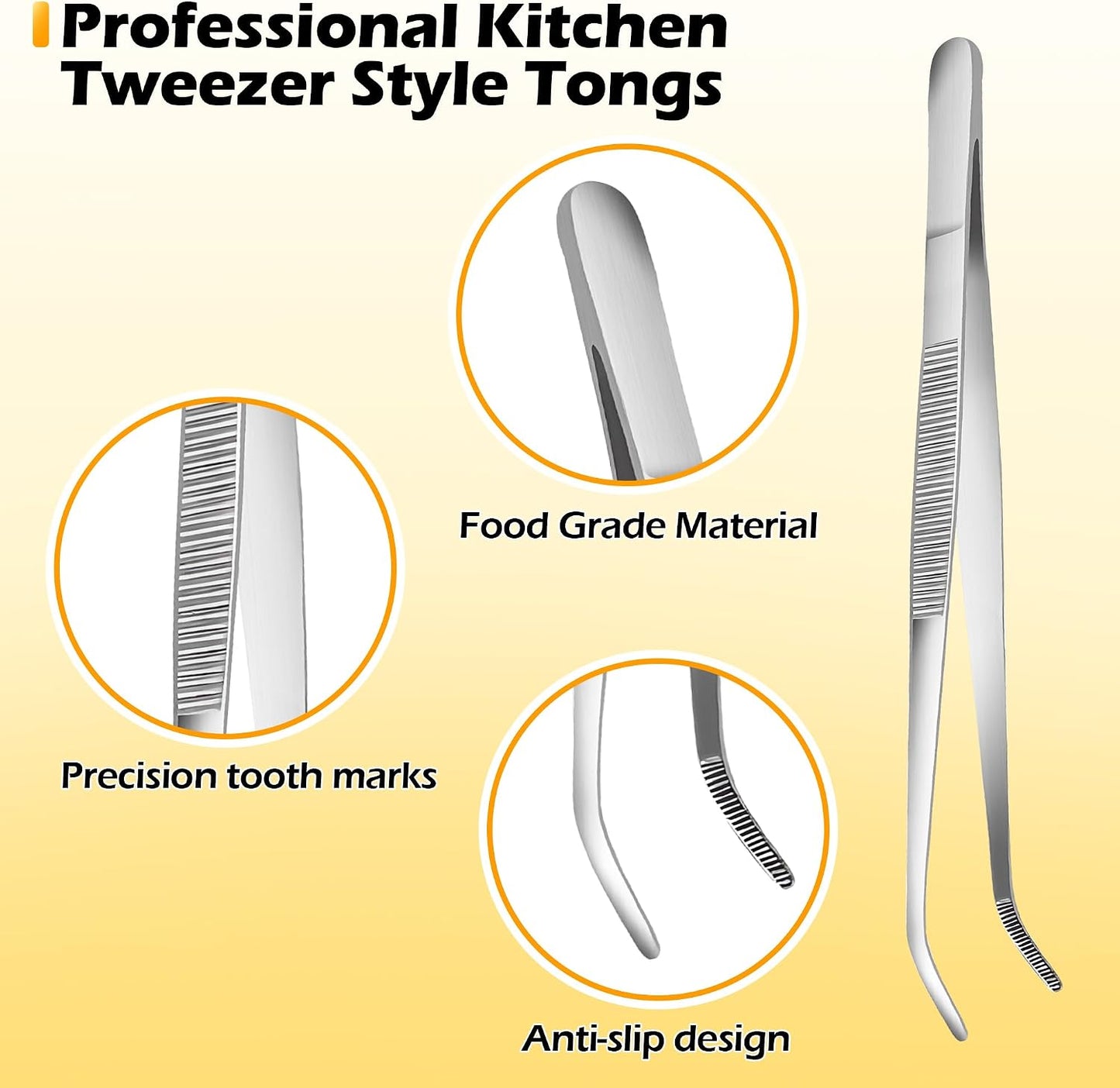 6.3 Inch Food Tweezers Stainless Steel with Precision Serrated Tips, 5PCS Kitchen Tweezers Set for Cooking, Baking, Cookie Cake Decoration, Metal Plating Tweezers