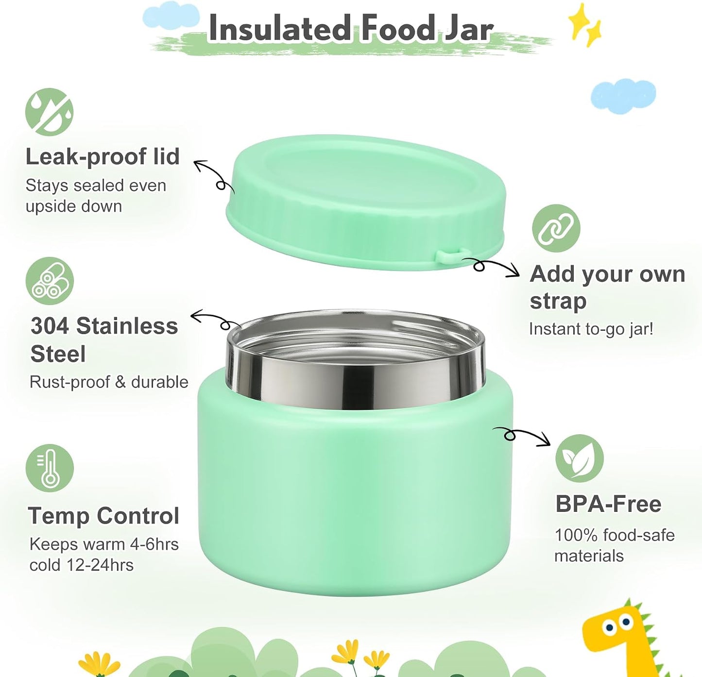 Lunch Box Kids with 5 Compartments, Insulated Food Jar & Utensils, Leak Proof Bento Box with Sauce Container, BPA-Free & Dishwasher Safe, Dinosaur Design(Purple)