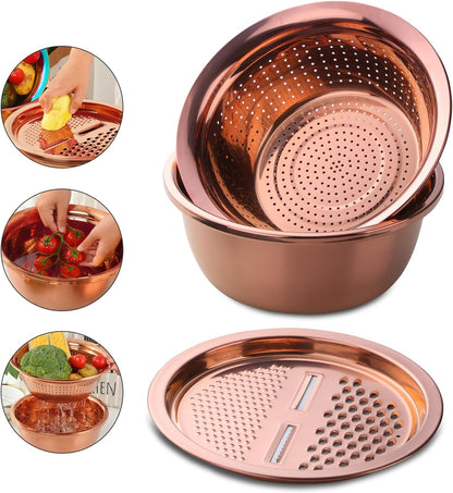 DOCBLACK Colander, 3Pcs Stainless Steel Kitchen Tool 3 in 1 Drain Basket Fruit and Vegetable Cutter Strainer Bowl Set Drain Pot Basket Grater for Fruits Vegetables Rice Washing Mixing - Gold