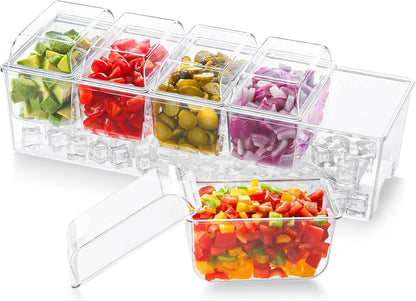 Lifewit Chilled Condiment Caddy with 5 x 20 oz Containers, Compact 15" Garnish Tray with Lids for Bartenders, Taco Bar Party Serving Set & Dirty Soda Bar Supplies, Ideal for Fruit, Salad, Toppings