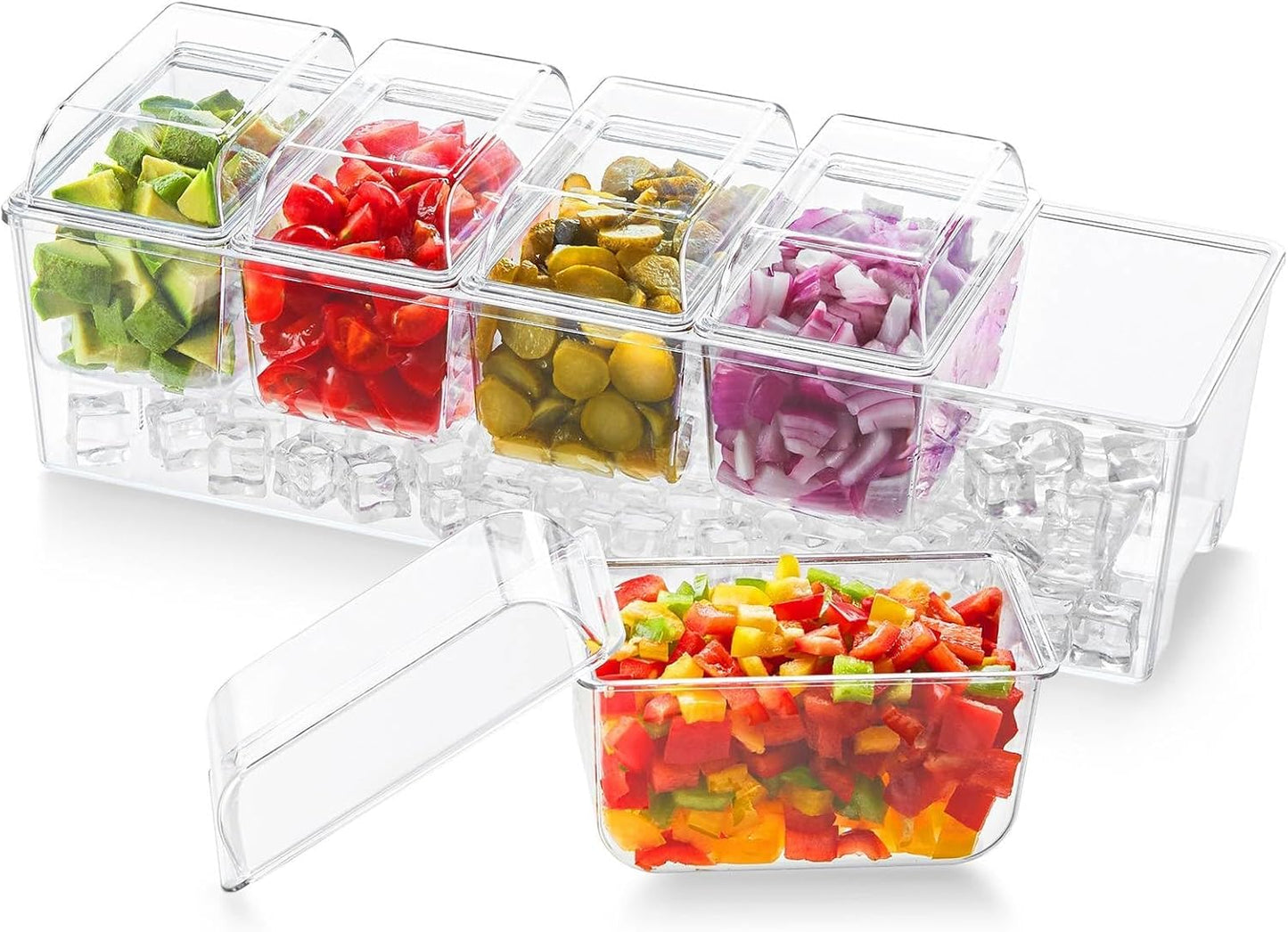 Lifewit 2 Pcs Ice Chilled Condiment Caddy with 5x20 oz Containers, Condiment Server with Separate Lid, Serving Tray Platter with Removable Dishes for Bar Fruit Salad Taco Party Garnish, 39 x13cm/15x5