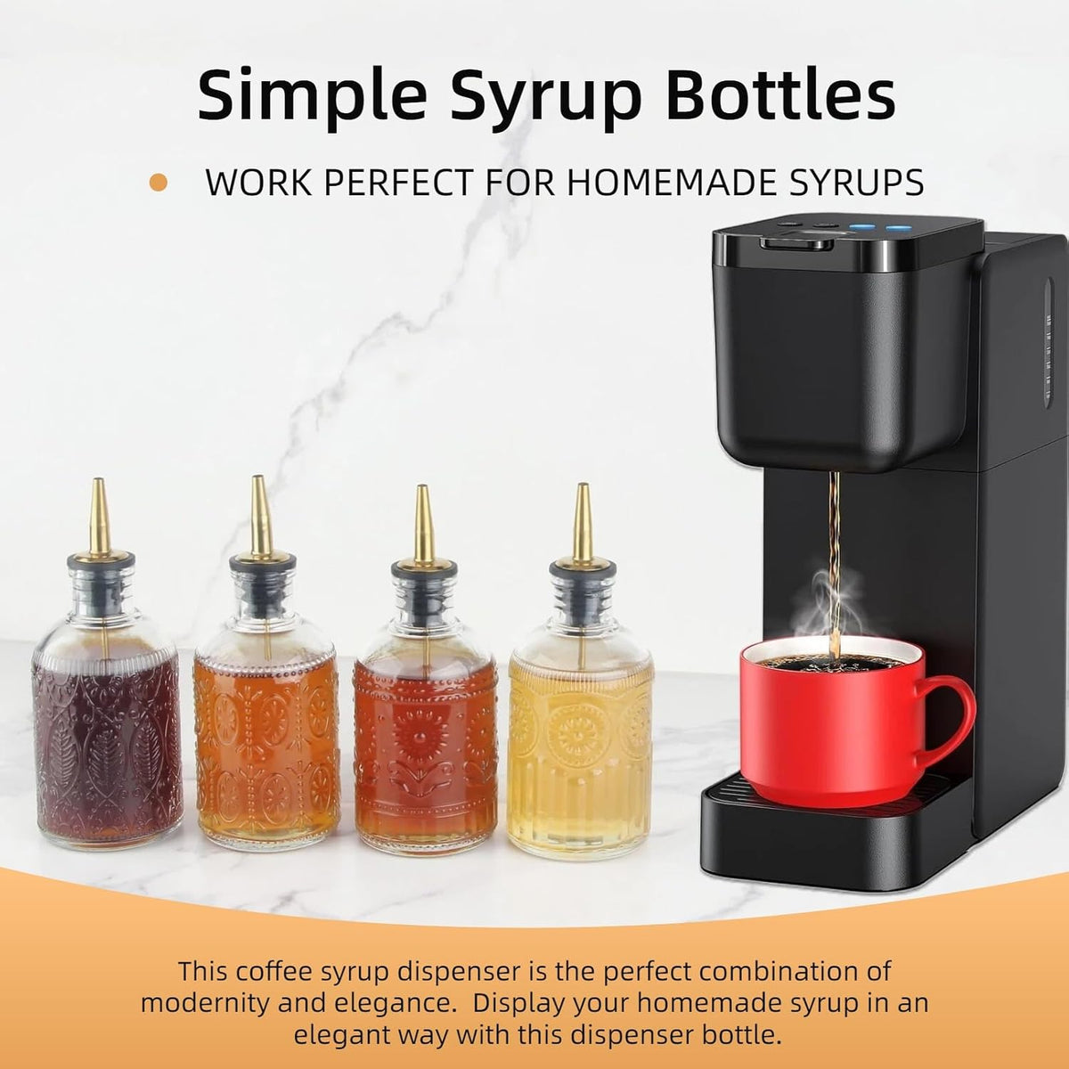 Simple Syrup Bottles Set of 4, Glass Coffee Syrup Dispenser Bottles 7 OZ With Metal Pour Spout, Labels and Stopper, Glass Syrup Dispenser for Maple Honey Syrup Oil and Sauces, LC004 (4 Pack)