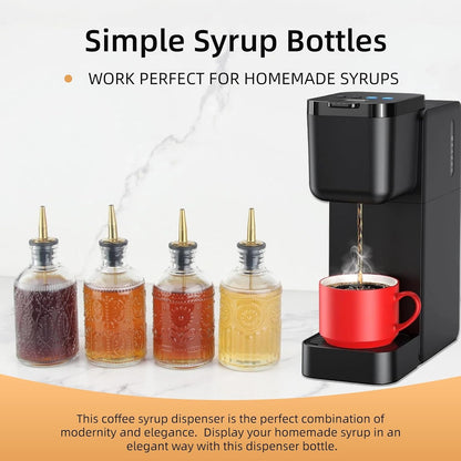 Simple Syrup Bottles Set of 4, Glass Coffee Syrup Dispenser Bottles 7 OZ With Metal Pour Spout, Labels and Stopper, Glass Syrup Dispenser for Maple Honey Syrup Oil and Sauces, LC004 (4 Pack)
