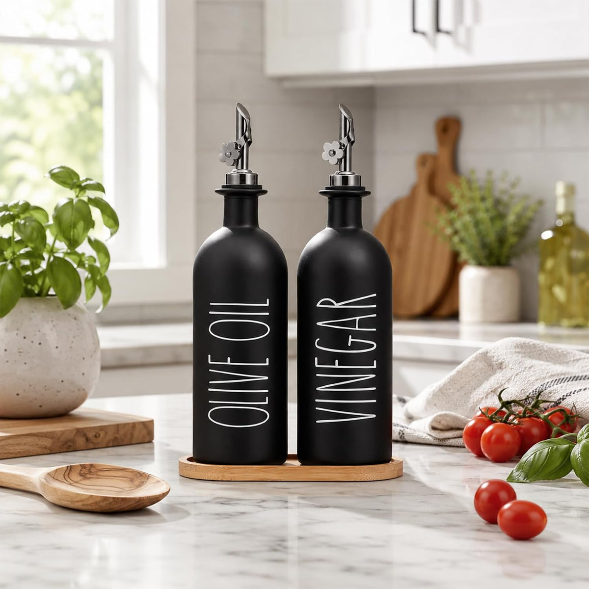HOMCDALY Premium Olive Oil Dispenser for Kitchen, 11.8oz Glass Oil Bottles with Bamboo Tray, White Oil&Vinegar Cruet Set, Kitchen Dispenser Bottles with Pourer| Set of 2 (11.8oz –P–White)