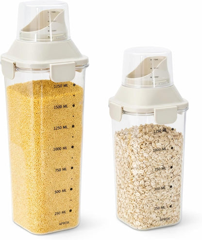 2 Pack Cereal Containers Storage Set, Clear Plastic Airtight Food Storage Containers, Measuring Cup Lids, Ideal for Rice Sugar Pet Food Dispenser, Kitchen Pantry Organizers, BPA Free, 51 oz & 68 oz