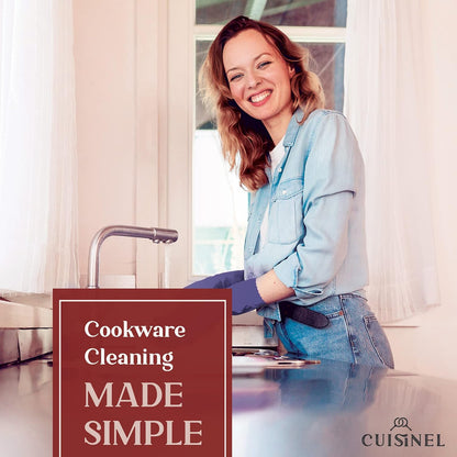 Cuisinel Cast Iron Scrubber Cleaning Brush + Pan/Grill Scraper - Skillet and Grill Cleaner Kit - Soft-Touch Confident-Grip Dish Scrub Tool - Tough on Grease, Gentle on Metal and Non-Stick Cookware