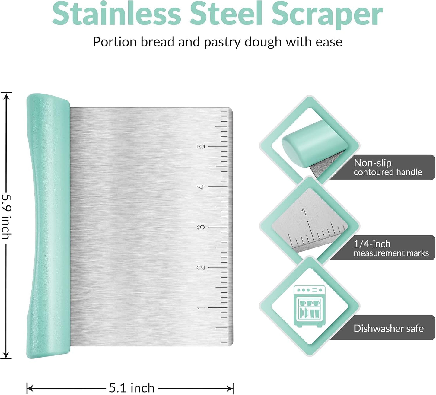 Rainspire Bench Scraper, Stainless Steel Dough Scraper, Pastry Scraper, Pizza and Dough Cutter Multi-Purpose Scraper/Chopper, Pizza Cutter Food Chopper Baking Supplies Kitchen Gadgets, Black