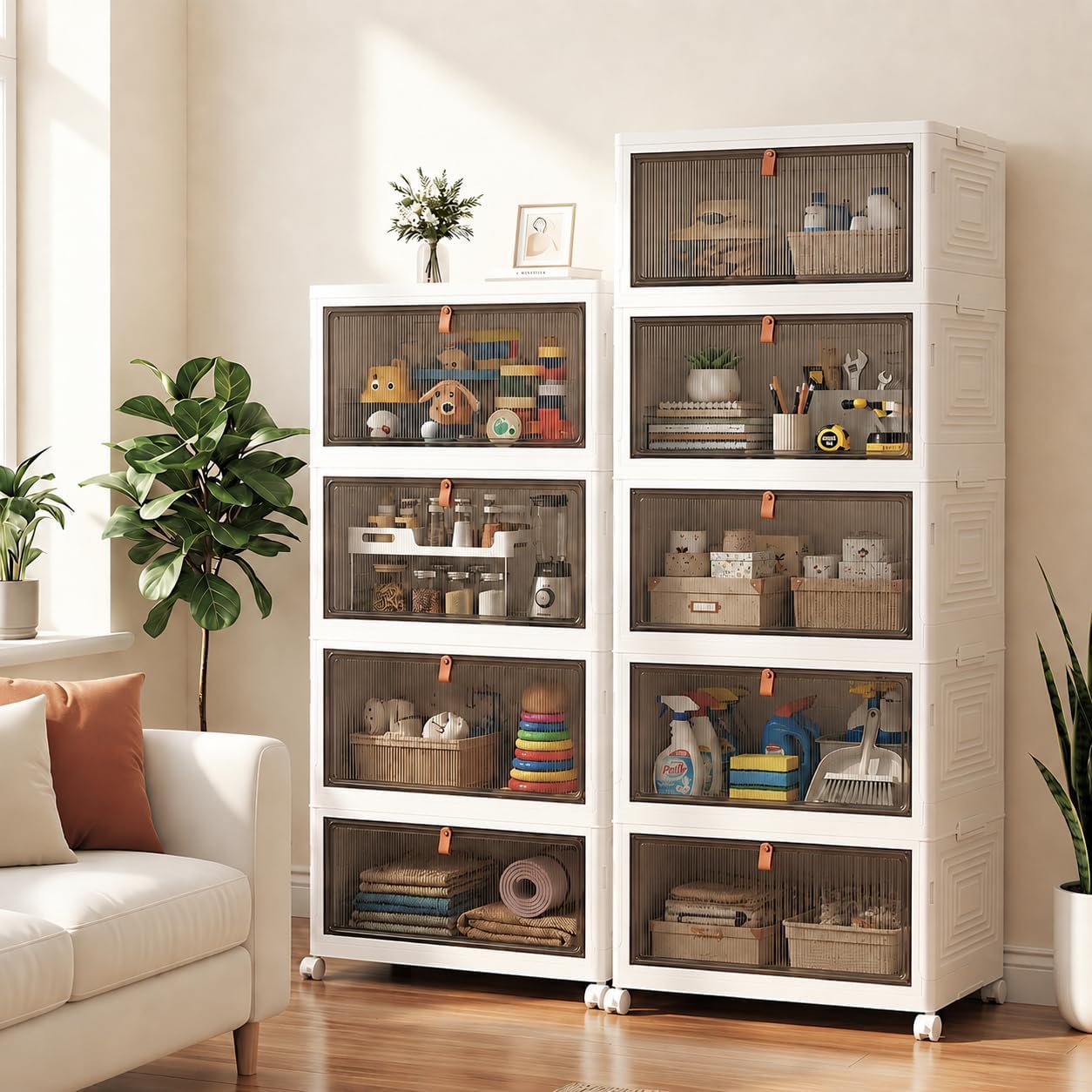 LDQ 136Qt Large Storage Bins with Lids, 4 Tier Stackable Storage Cabinet with Wheels & Clear Doors, Foldable Plastic Closet Organizer for Bedroom, Bathroom & Kitchen