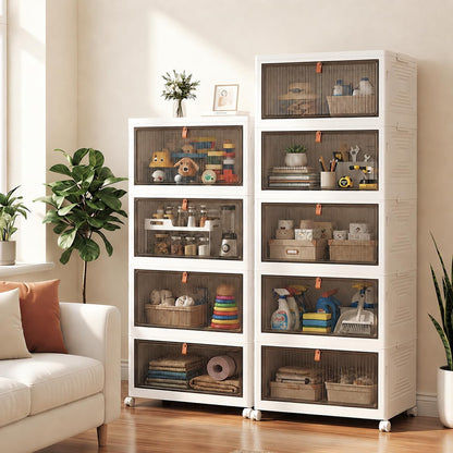 LDQ 136Qt Large Storage Bins with Lids, 4 Tier Stackable Storage Cabinet with Wheels & Clear Doors, Foldable Plastic Closet Organizer for Bedroom, Bathroom & Kitchen