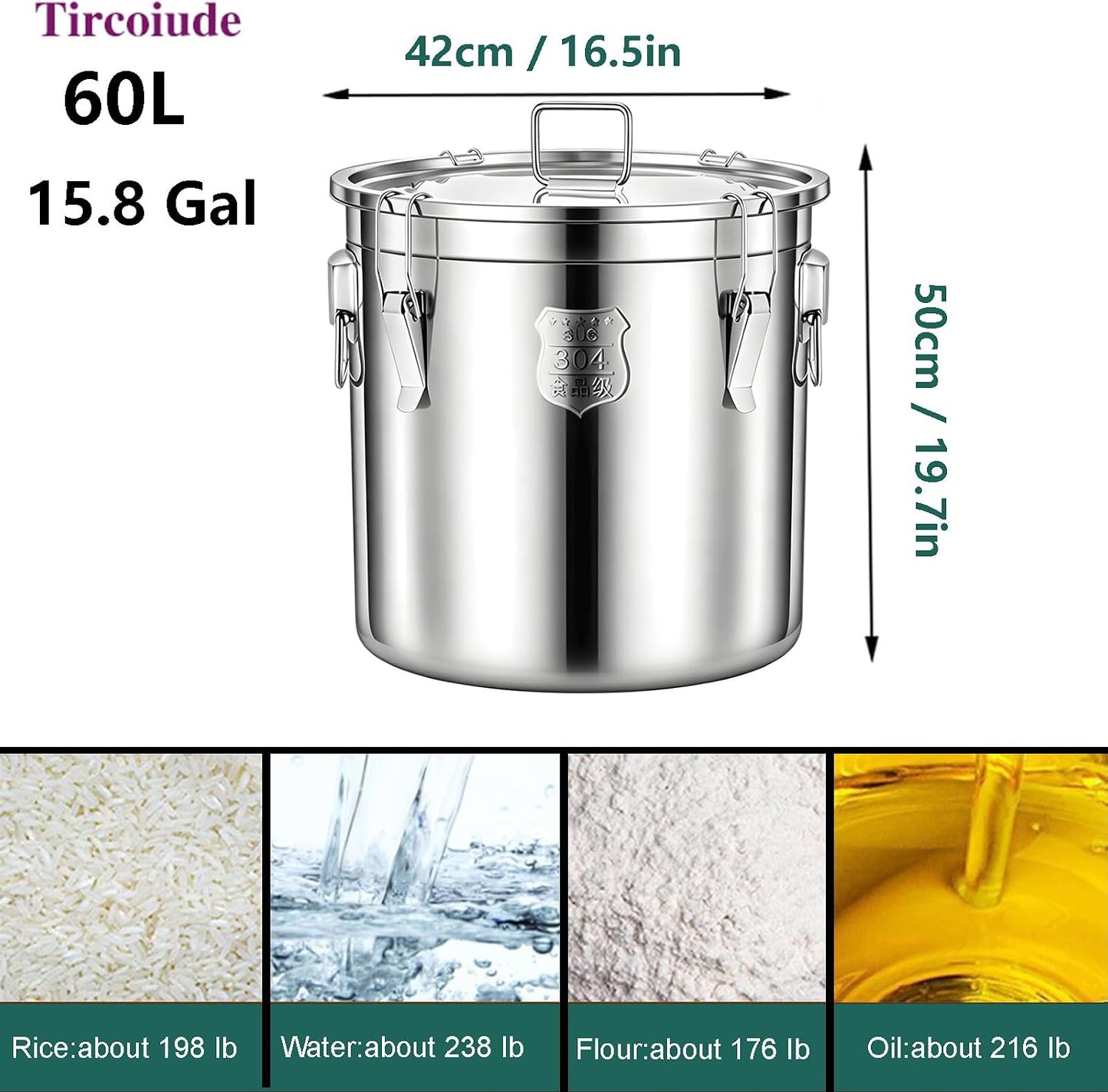 3.2Gal 304 Stainless Steel Kitchen Airtight Canister, 405oz Flour Container with Lid and Locking Clamp,10-21Lbs Metal Bucket Food Storage Container for Rice Flour Grain Coffee Bean(12L)