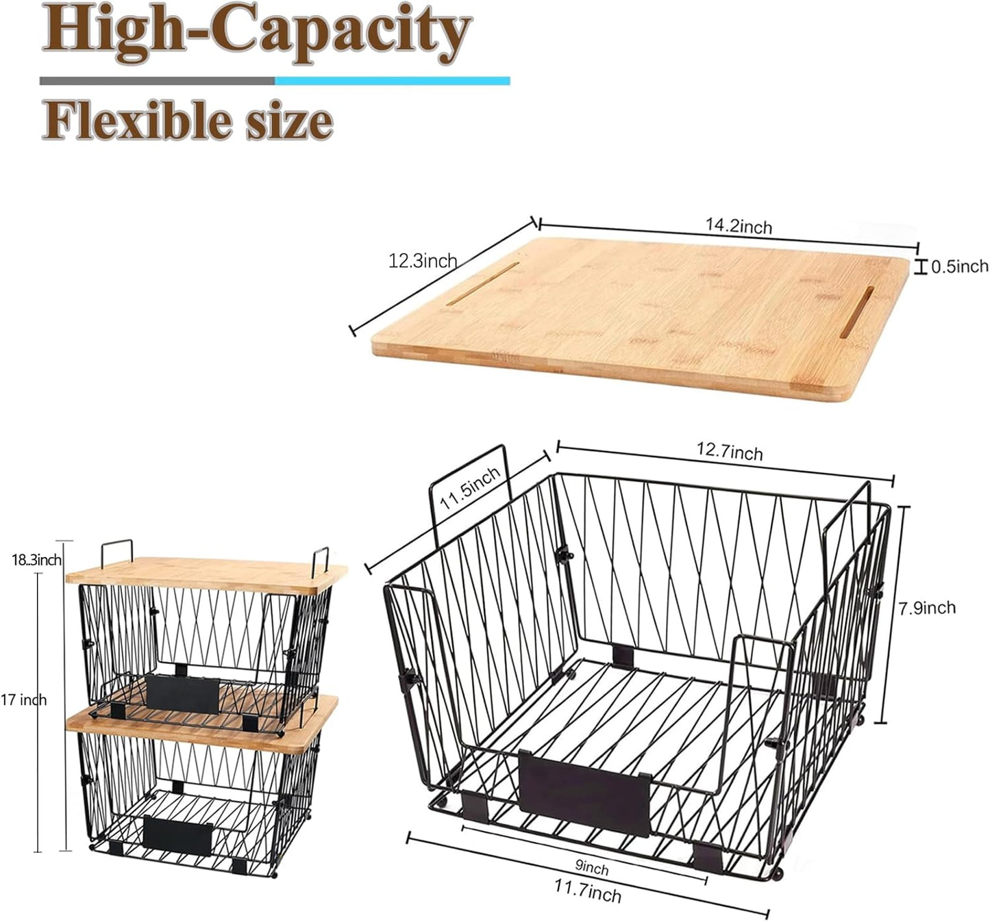 【XXL Big Size】 2 Pack Stackable Wire Storage Baskets with Wood Lid- Kitchen Countertop Organizer for Fruit Vegetable -Large Metal Bin for Pantry Organization and Storage, Black