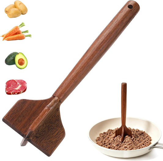 Wooden Meat Masher for Ground Beef, 10.5 Inch Teak Wood Meat Chopper, Heavy Duty Hamburger Smasher Tool for Ground Meat, Burgers, Beef and Turkey, Manual Kitchen Gadget for Nonstick Cookware