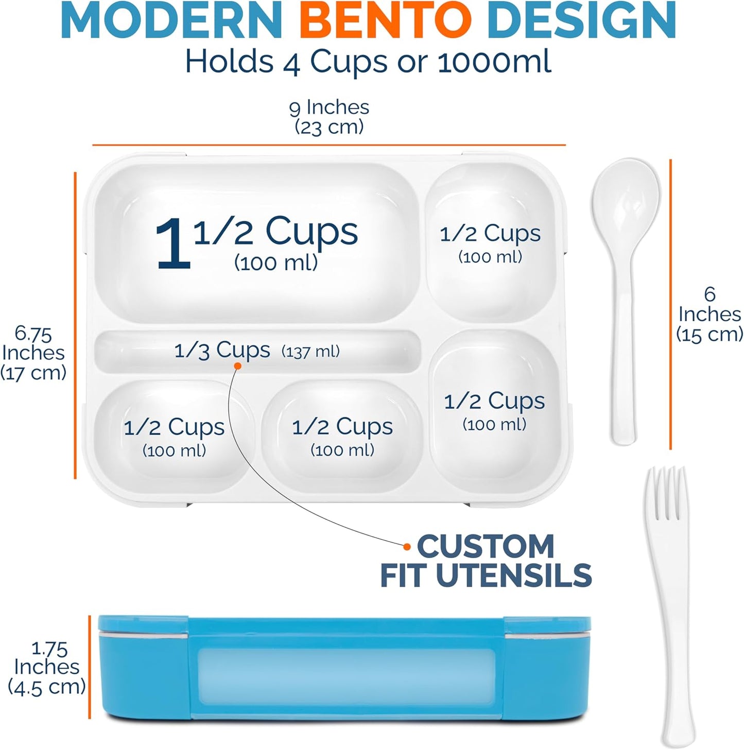 kinsho Bento Lunch-Box Set for Kids includes Snack Container | 6 and 3 Compartment Boxes Leakproof School Bentos, Meal Portion Control Containers, Boys Girls Adults, Navy Blue Large + MINI 2 Pack Set