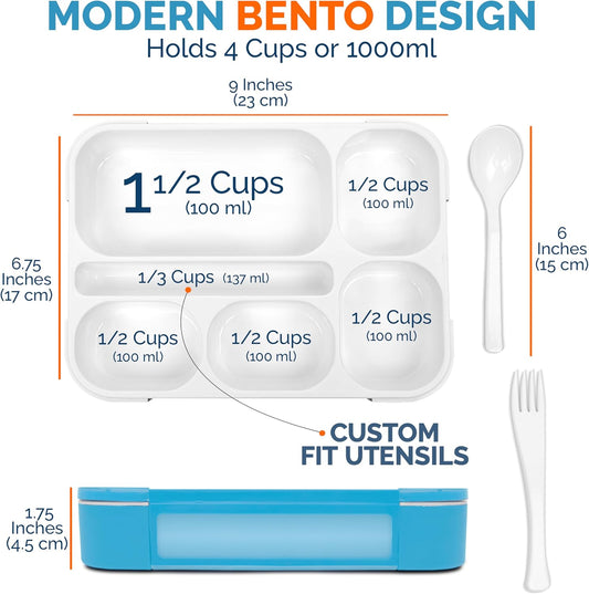 kinsho Bento Lunch-Box Set for Kids includes Snack Container | 6 and 3 Compartment Boxes Leakproof School Bentos, Meal Portion Control Containers, Boys Girls Adults, Navy Blue Large + MINI 2 Pack Set