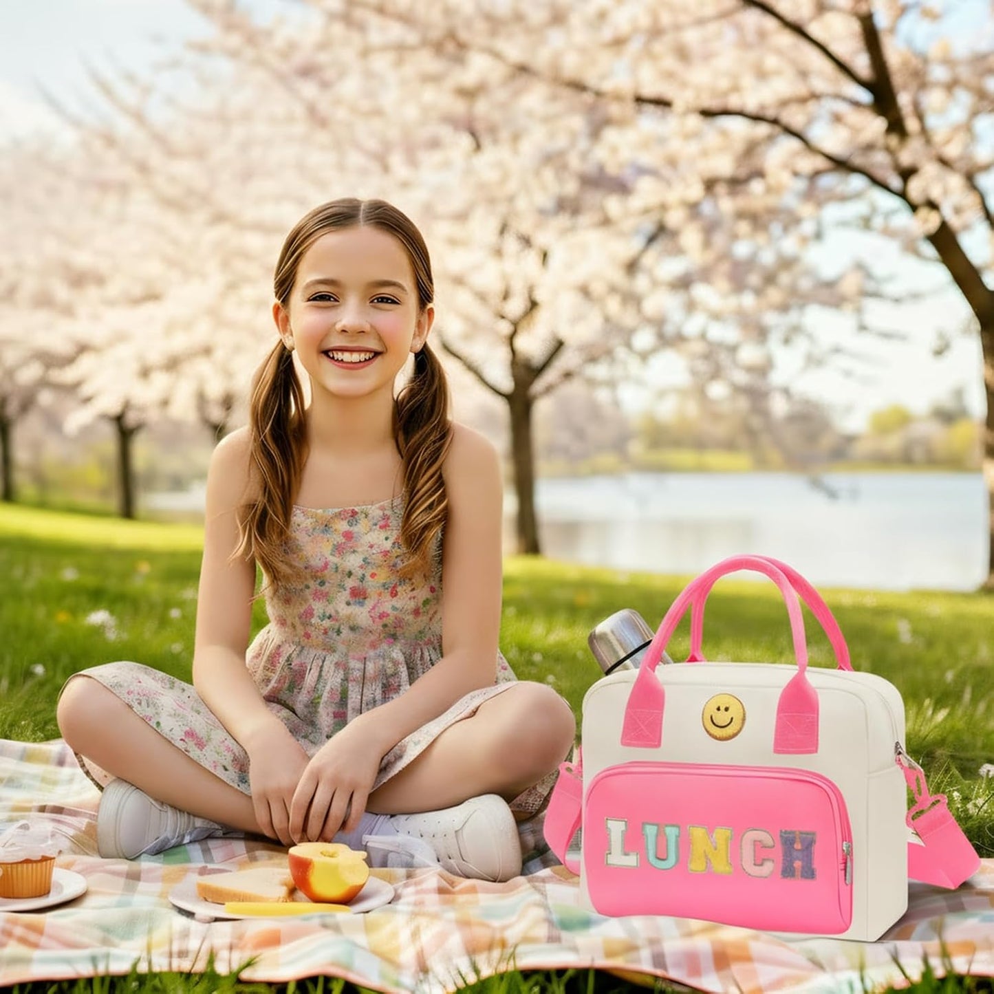 RLGPBON Insulated Lunch Bag Teen Girls, Preppy Lunch Box Large Insulated Lunch Bag Reusable Lunch Tote Bag, Preppy LunchBag for Girls School Travel Picnic