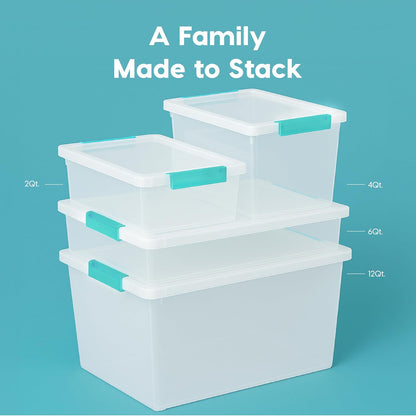 IRIS USA 12 Qt. Craft Storage Bins with Lids, 4-Pack, |Made in USA|, Clip Box, Medium Plastic Sensory Bin Tote Organizer Containers for Art Supplies, Paper, & Office, Stackable - Clear/Seafoam Blue