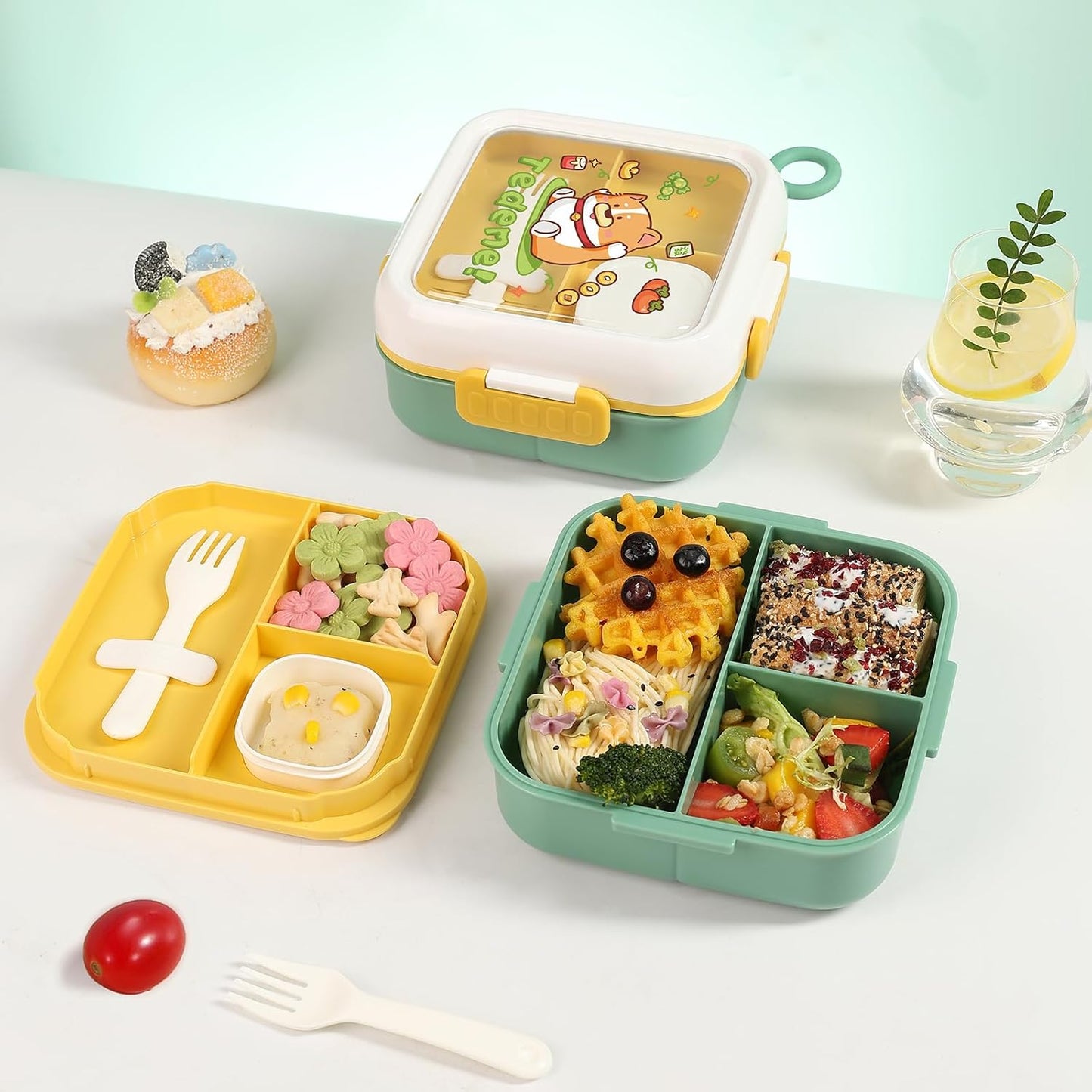 SAYAPE Kids Bento Lunch Box - Toast-Shaped 4-Compartment Lunchable Food Container with Sauce Cup, Utensils & Brush, BPA-Free, Reusable Snack Container with lid, Ideal for School & Travel - Blue