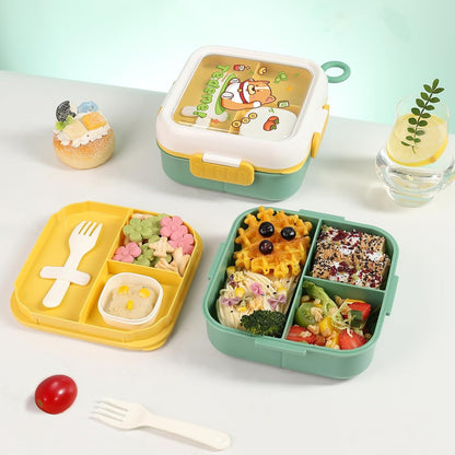 SAYAPE Kids Bento Lunch Box - Toast-Shaped 4-Compartment Lunchable Food Container with Sauce Cup, Utensils & Brush, BPA-Free, Reusable Snack Container with lid, Ideal for School & Travel - Blue