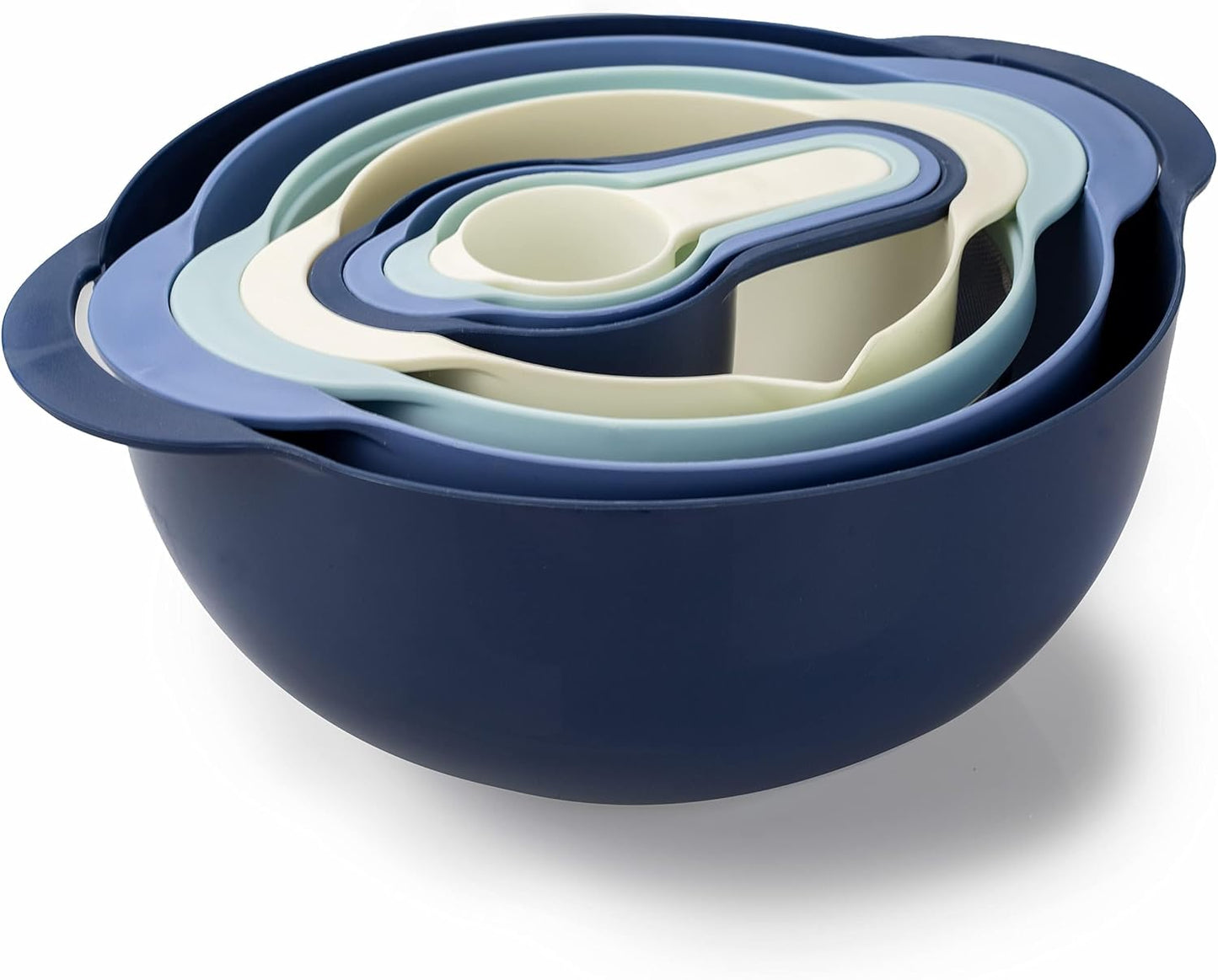 COOK WITH COLOR Nesting Bowls with Measuring Cups Colander and Sifter Set - Includes Mixing Bowls, Colander, Sifter and Measuring Cups, Navy, 8 Pc Bowl
