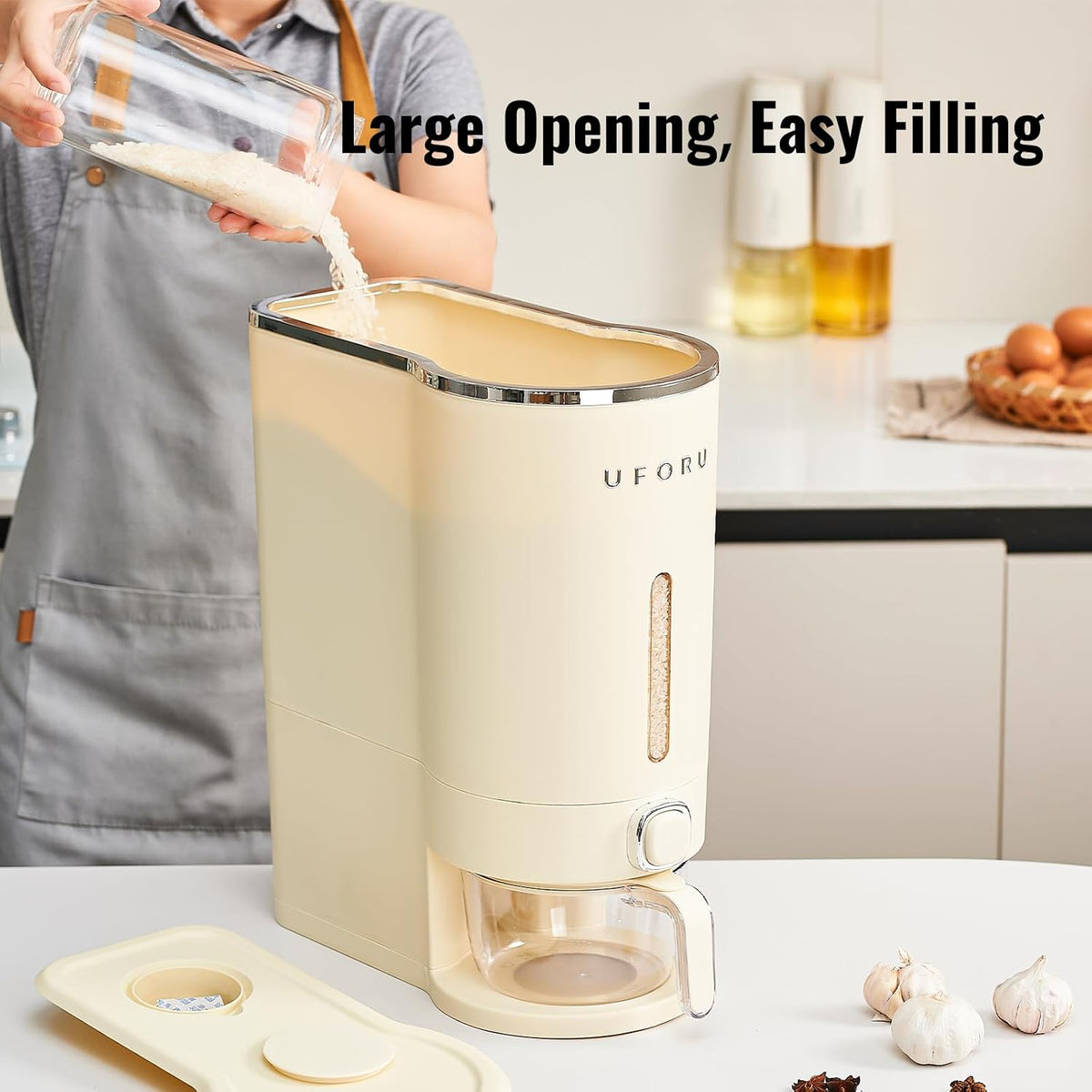 UFORU Rice Dispenser, Rice Storage Container with Measuring Cup for Kitchen Pantry Household, Dry Food Storage Containers Airtight, Sealed Moisture Proof (White 13Lbs)