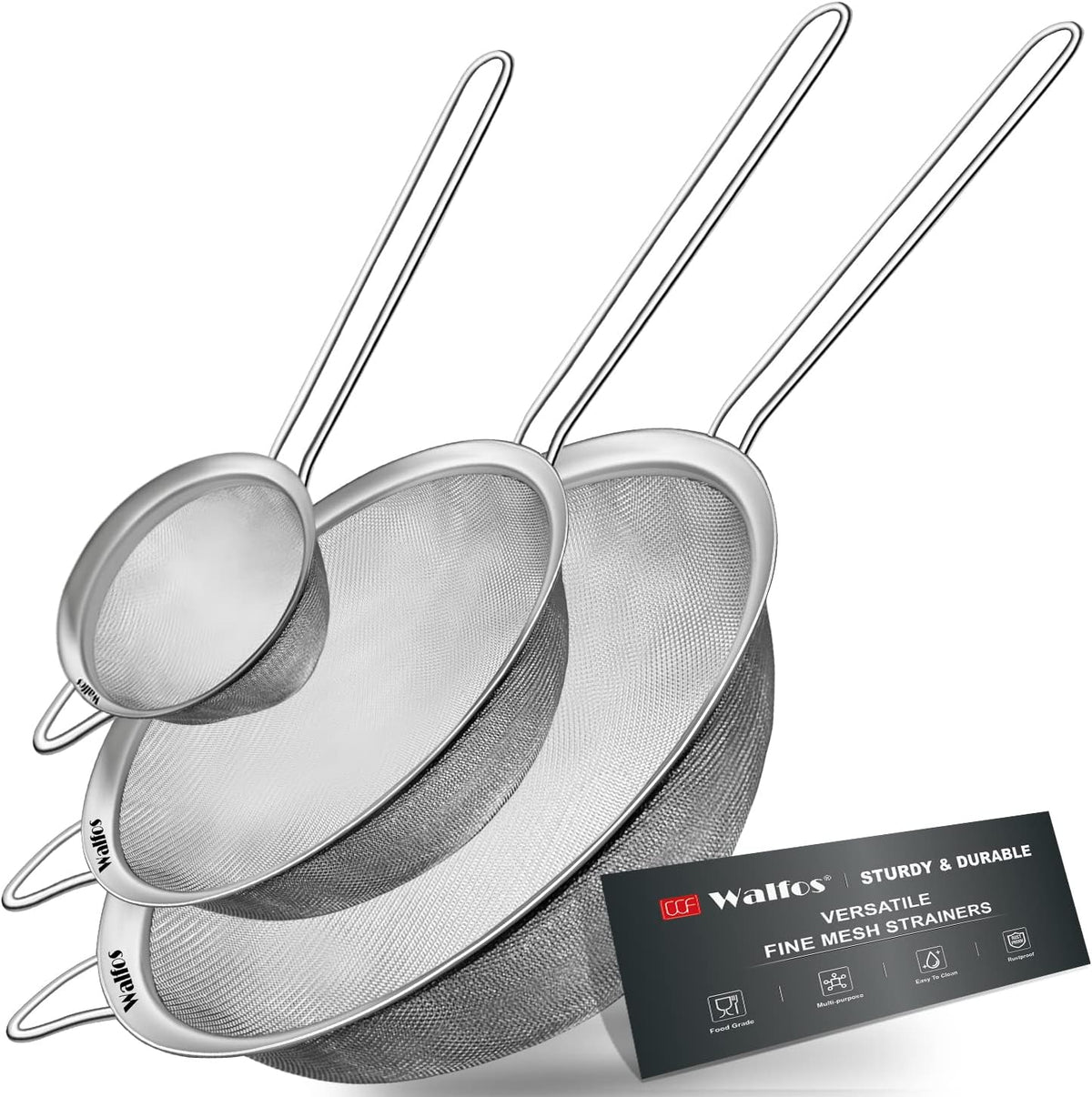 Walfos 6.3 Inch Fine Mesh Strainer, Premium Stainless Steel Sieve and Sifter with Handle, Kitchen Metal Strainers for Rice, Quinoa, Fruits, Noodles, Flour