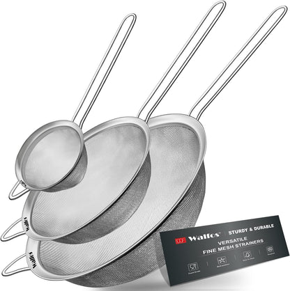 Walfos 6.3 Inch Fine Mesh Strainer, Premium Stainless Steel Sieve and Sifter with Handle, Kitchen Metal Strainers for Rice, Quinoa, Fruits, Noodles, Flour