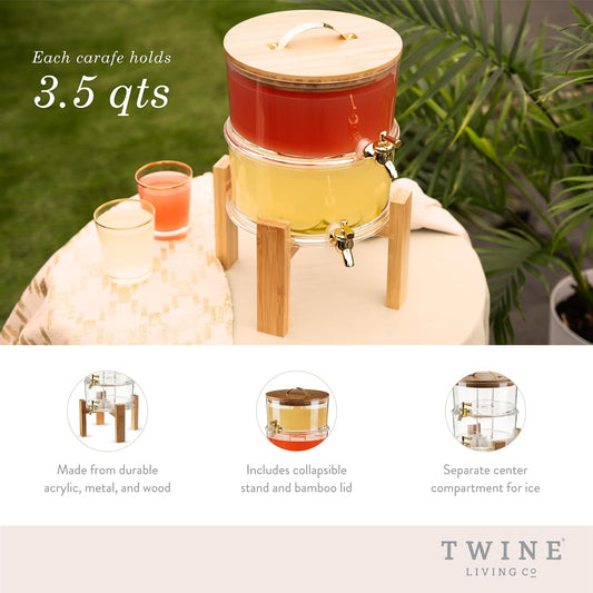 Twine Outdoor Double Drink Dispenser, Beverage Spigot Dispenser, Cocktail Dispenser for Parties with Collapsible Wood Drink Stand, Stackable Dispenser Set of 1