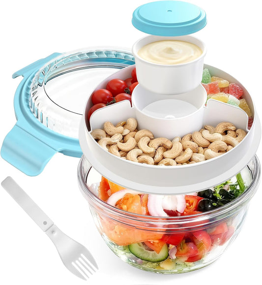 WHALEHOUSE Clear Eco-friendly SK chemicals ECOZEN Salad Container, 33OZ Portable Plastic Salad Bowls with Lid & Snack Tray, Leak-Proof Dressing Container, Reusable Fork, Lunch Box for Meal Prep (Pink)