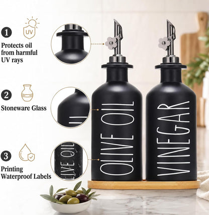 HOMCDALY Premium Olive Oil Dispenser for Kitchen, 11.8oz Glass Oil Bottles with Bamboo Tray, White Oil&Vinegar Cruet Set, Kitchen Dispenser Bottles with Pourer| Set of 2 (11.8oz –P–White)