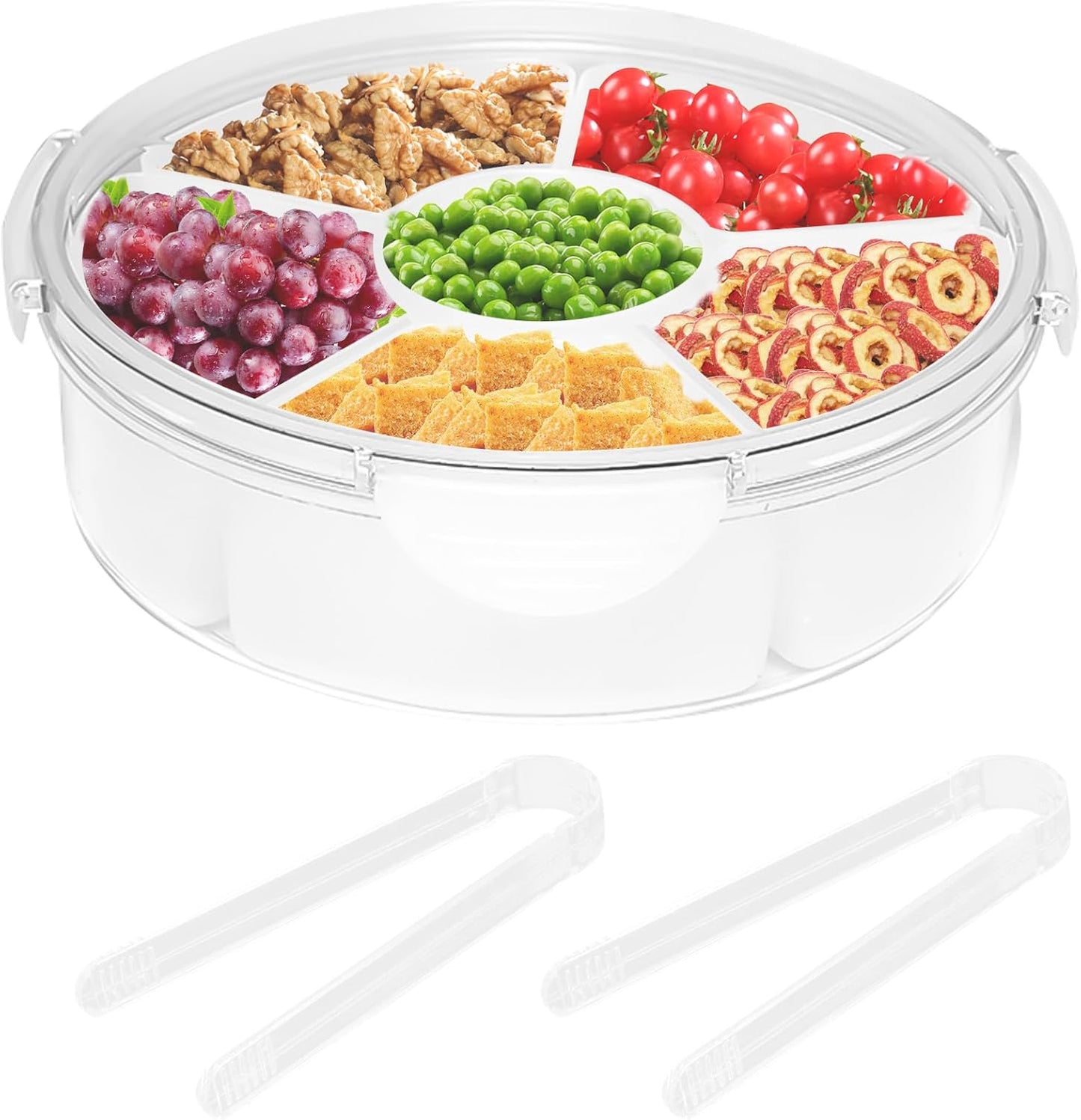 Qivine Veggie Tray with Lid for Fridge, Portable Vegetable Tray with Lid and Dip, 6 Compartments Divided Serving Tray with Lid and Handle, Round Veggie Trays for Serving for Party with 2 Clips